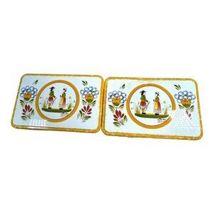 Massilly Quimper Tin Box Folk Art Design Hinged Lid 7x5 Yellow France Set 2 READ